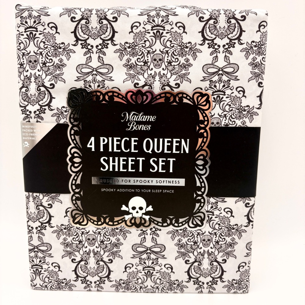 Madame Bones Queen Sheet Set Black Gray Skull Bat Damask Spooky Halloween